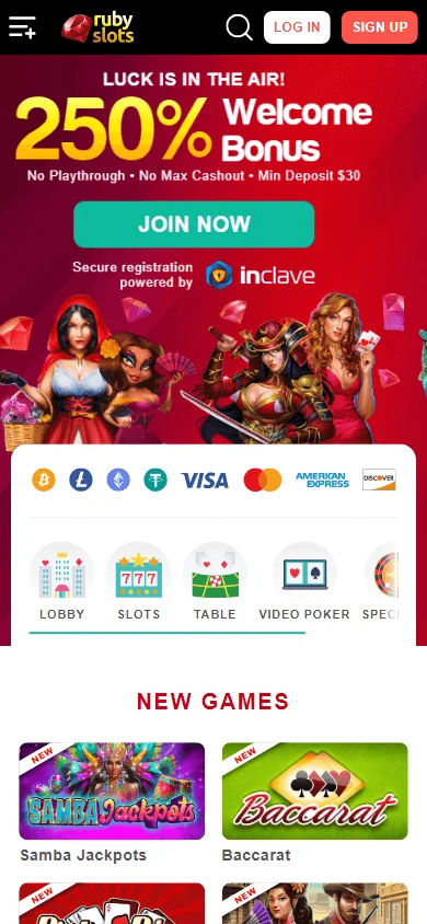 Ruby Slots Casino mobile games interface on a smartphone
