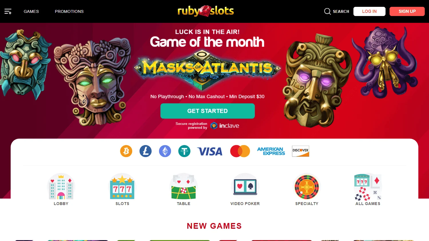Ruby Slots Casino desktop games interface with casino game categories