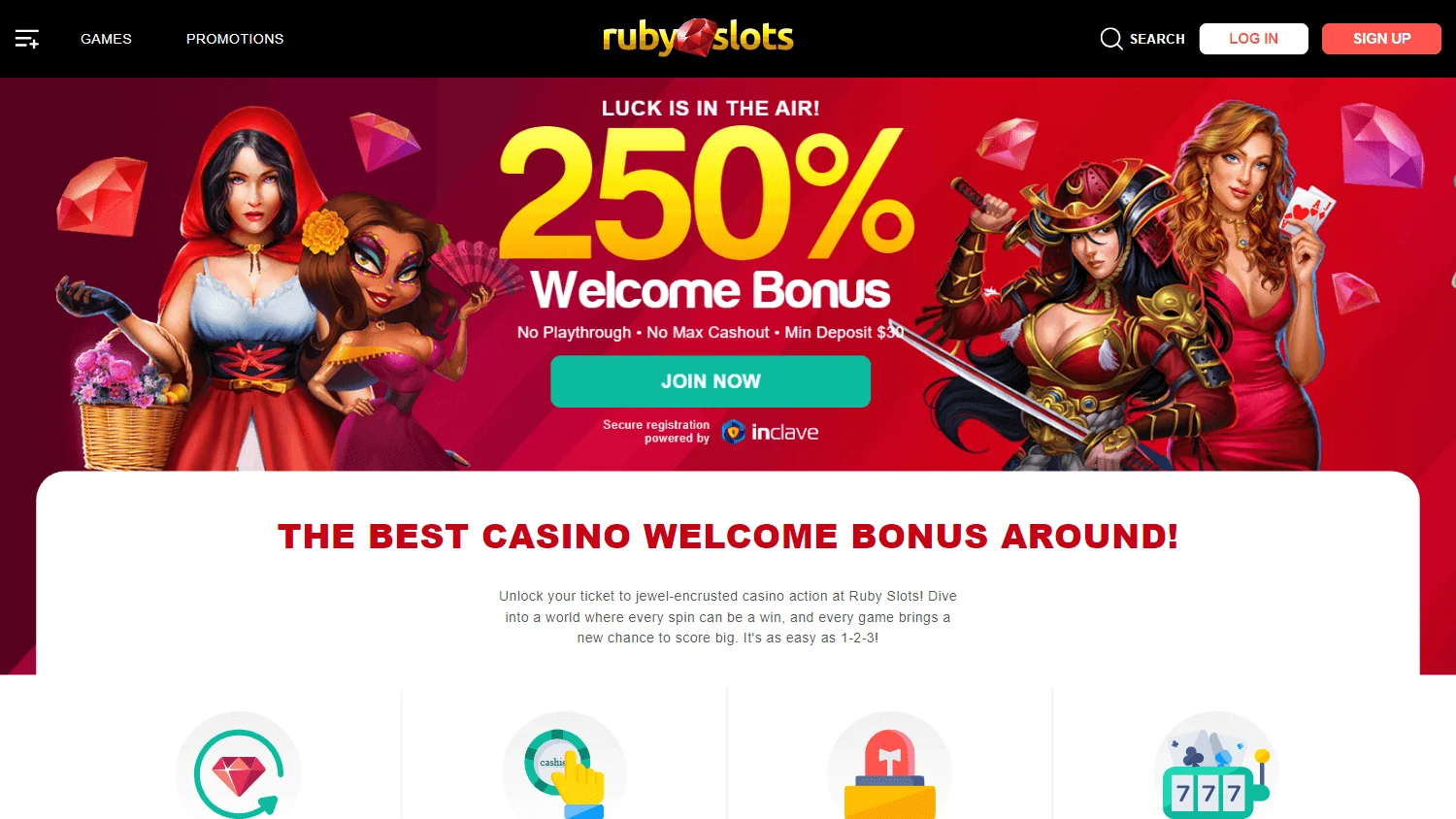 Ruby Slots Casino desktop promotions interface with bonus offers